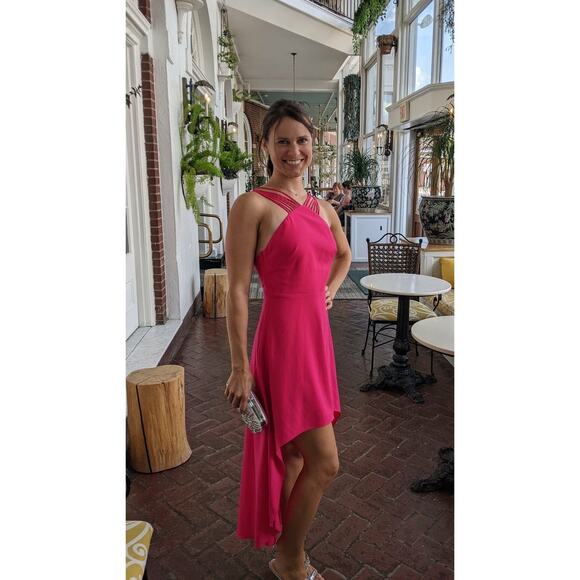 HALSTON Fuchsia Rose Pink Asymmetrical Hemline Multi-Strap Halter Drees size 2 - Picture 5 of 16